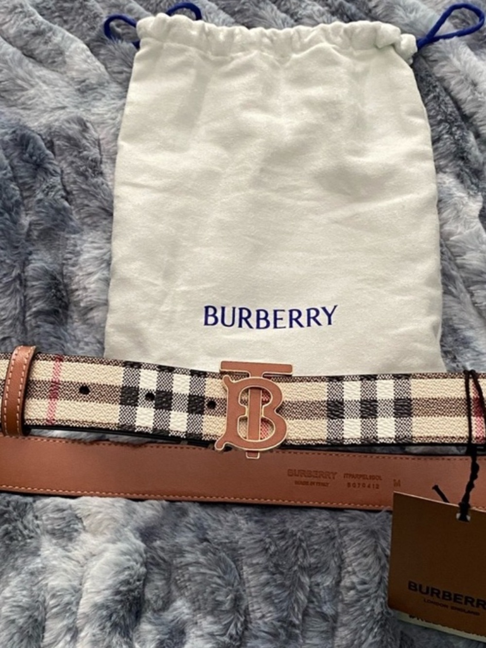 Burberry Check Belt with Gold TB Monogram Buckle in Beige, Black and Red